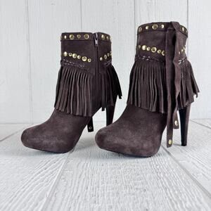 Boston‎ Proper Boots Womens Size 9 Brown Suede Fringe Studded High Heel Booties